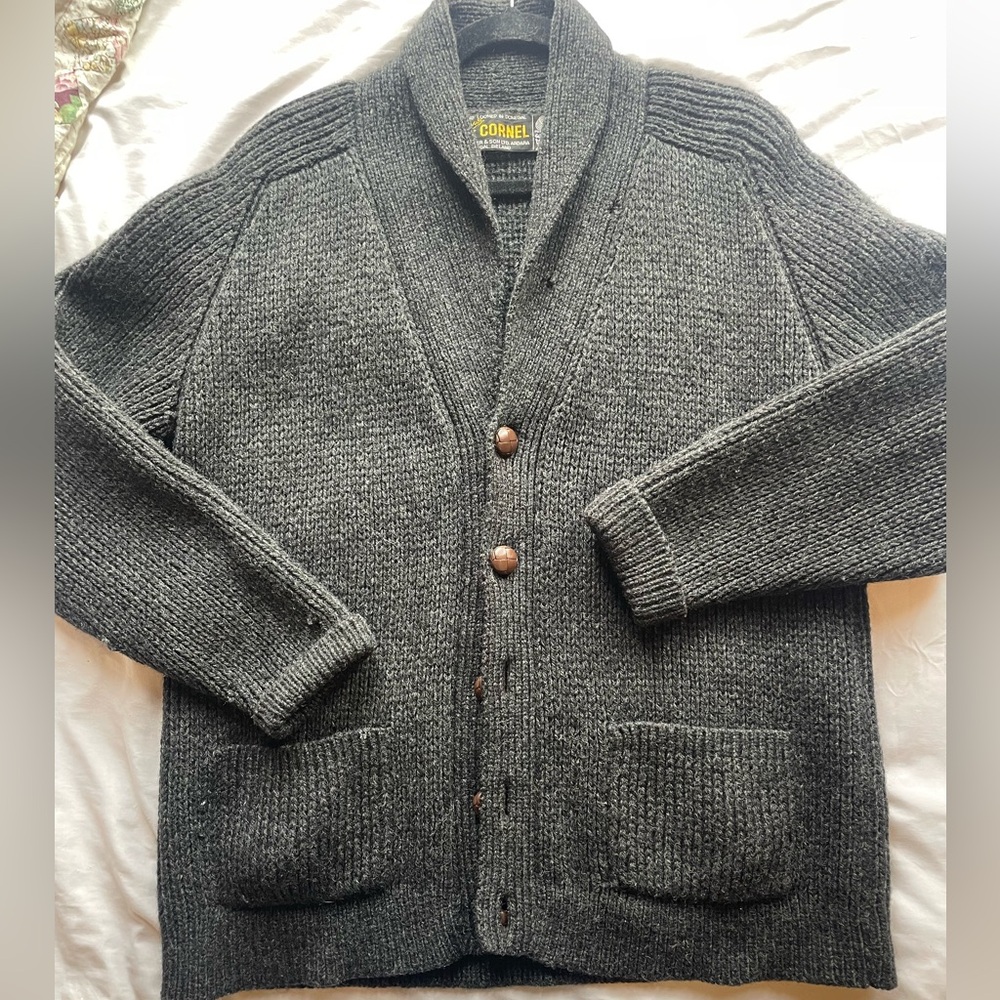 Vintage Cornel Charcoal Shawl Collar Button Irish Donegal Wool Sweater - Sm/Med